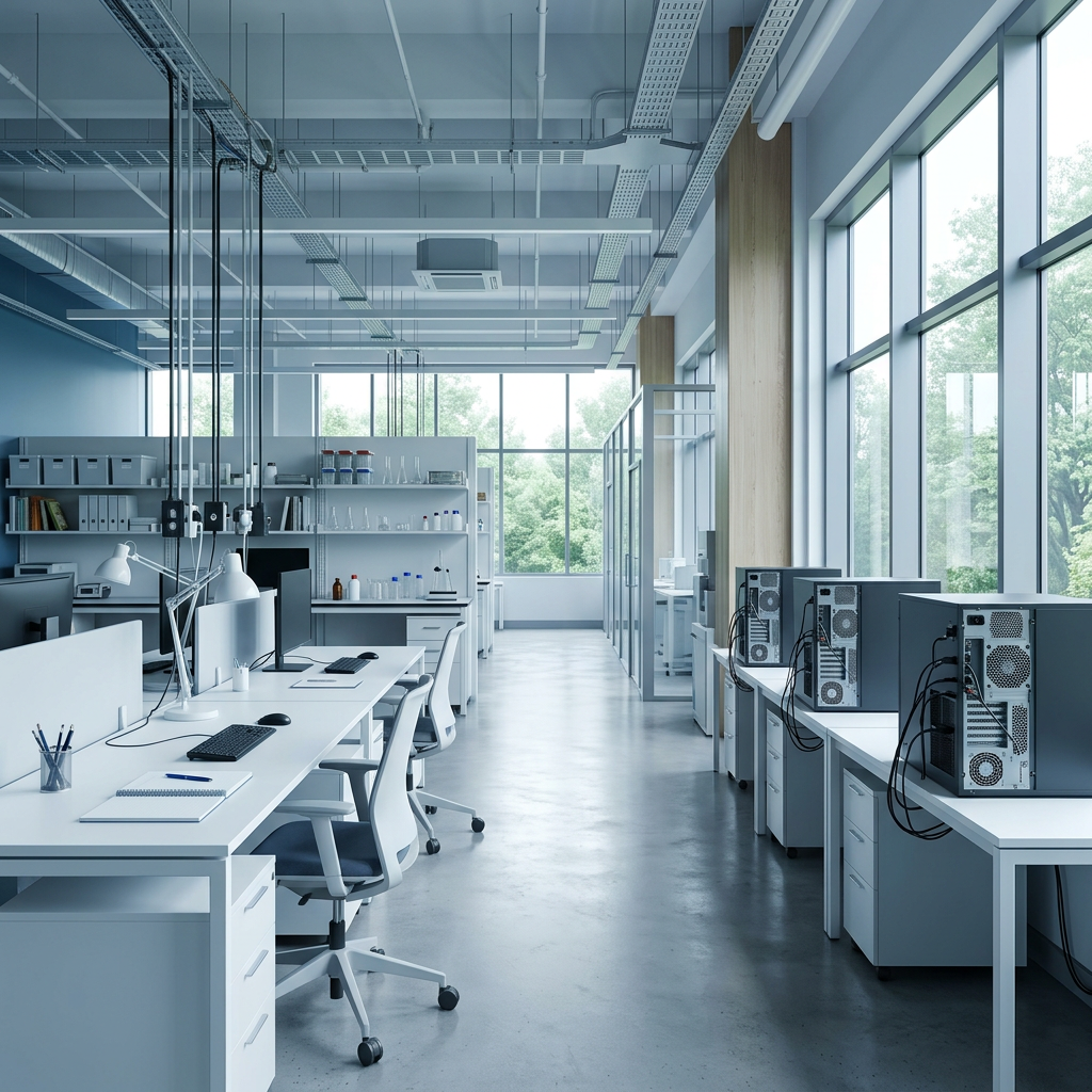 Modern biotech laboratory workspace with computational infrastructure