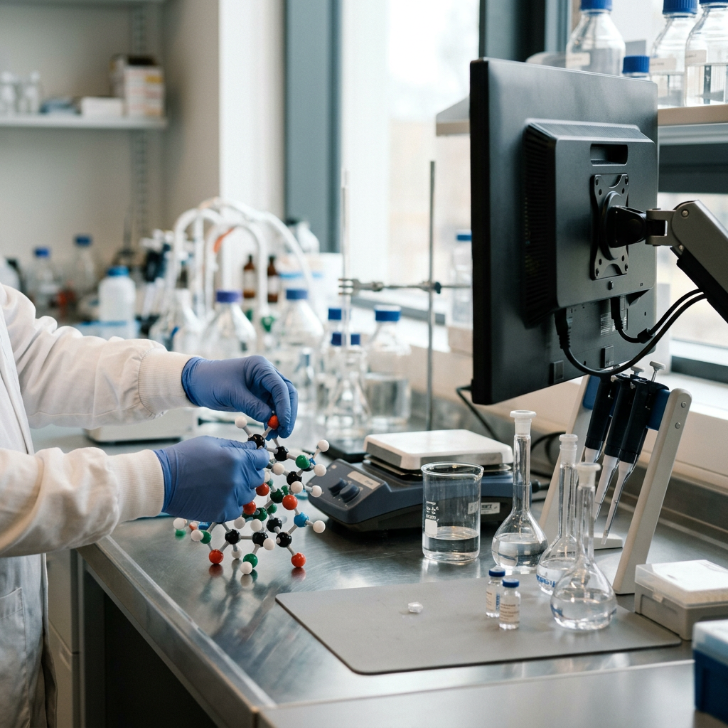 Researcher examining molecular protein structures at lab bench