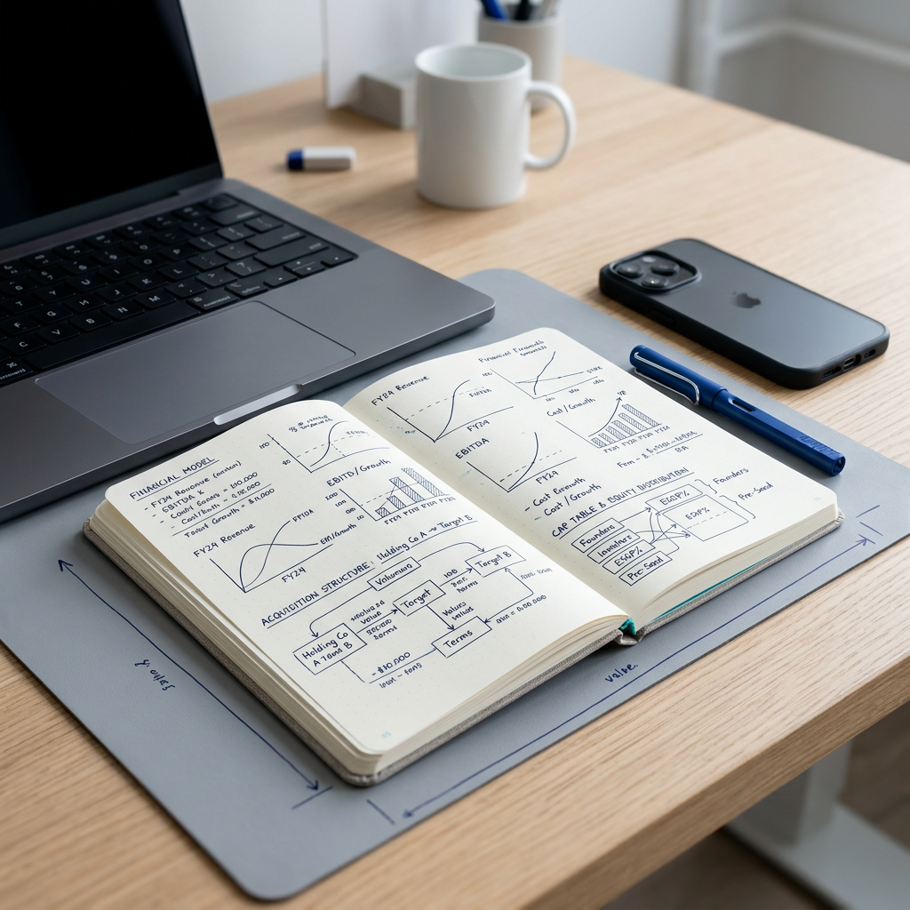 Startup founder workspace with deal structure notes and documentation