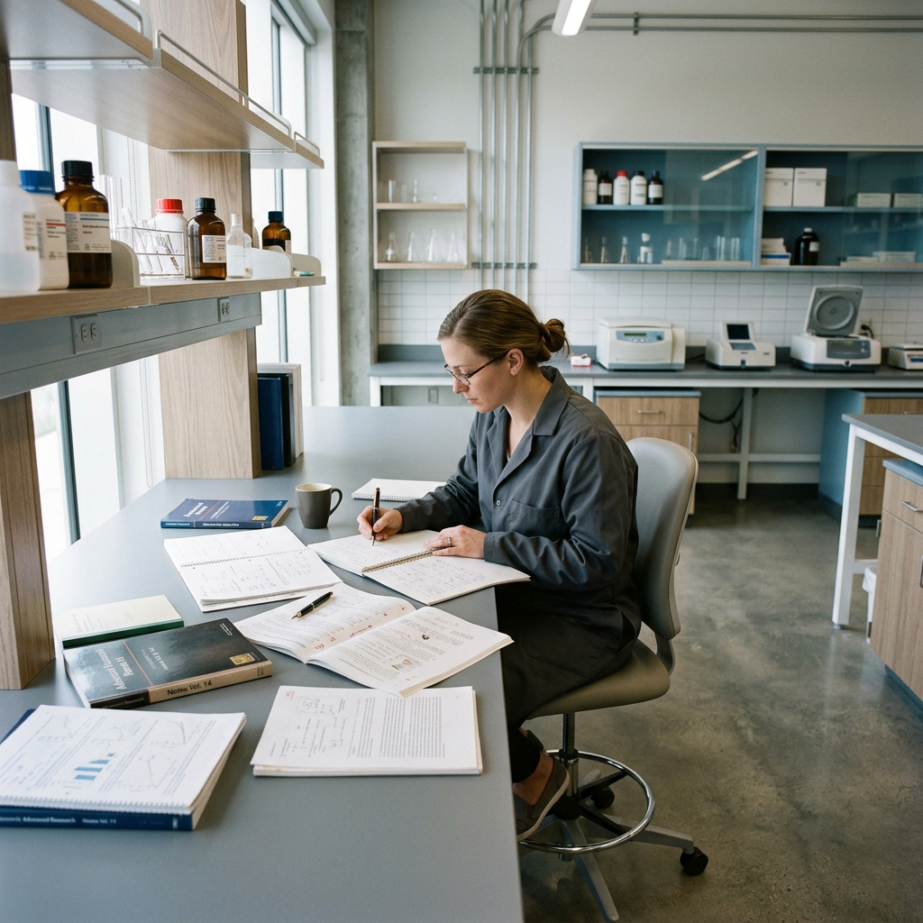 Researcher in focused analytical workspace with technical documentation