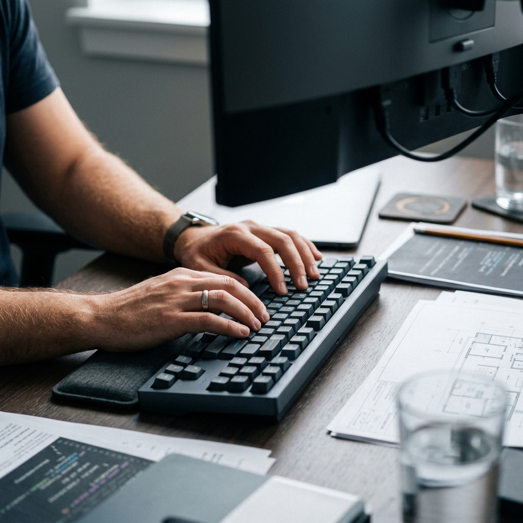 Developer hands at keyboard making technical decisions