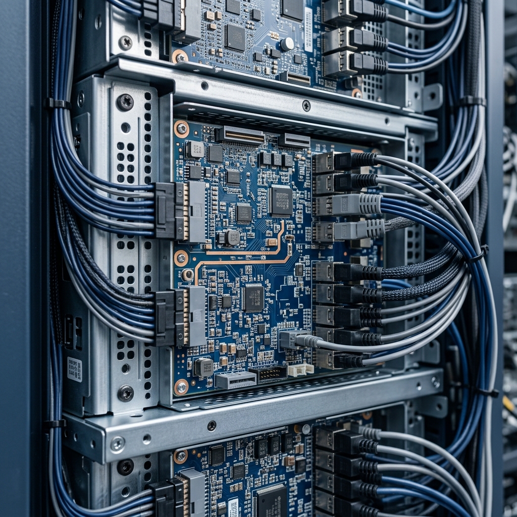 Close-up of server hardware infrastructure components
