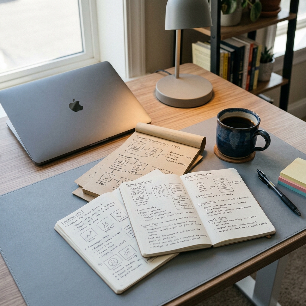 Product analyst workspace with feature notes and strategy materials