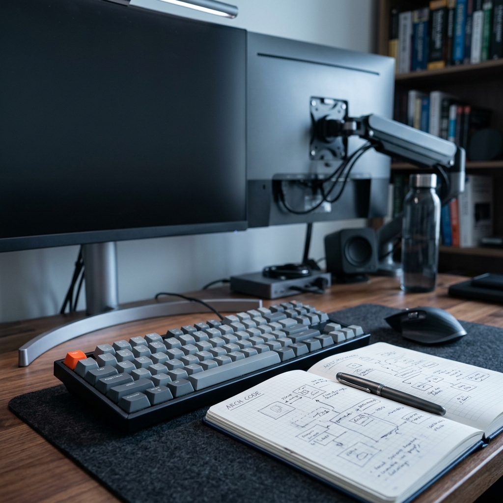 Developer workstation with code and technical documentation