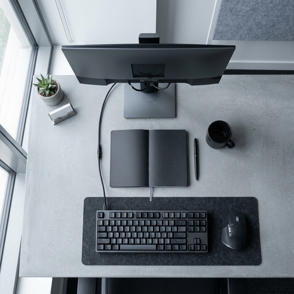 Minimalist cybersecurity analyst workspace from above