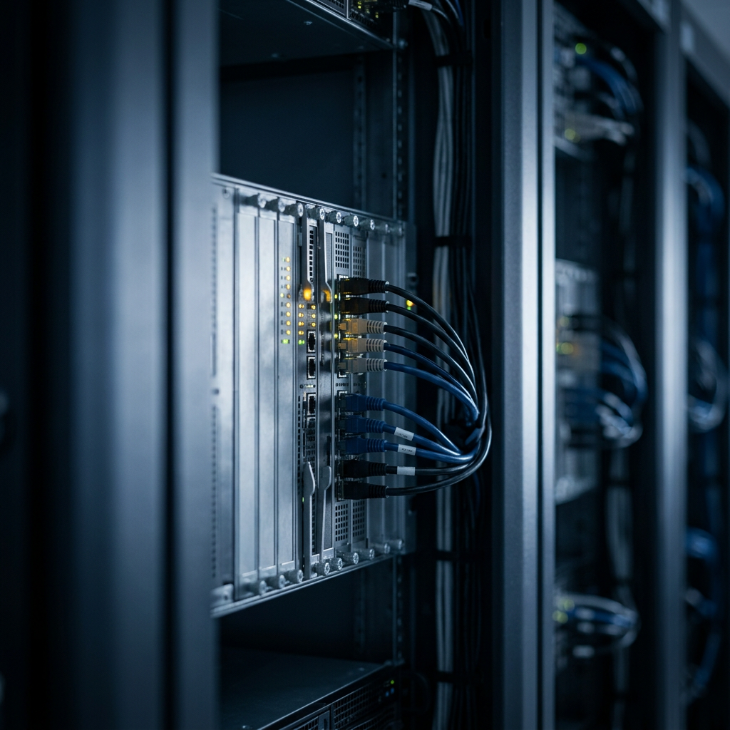 Server rack with status lights in data center