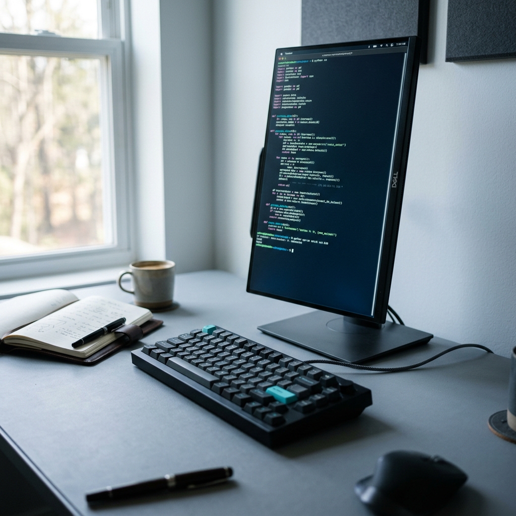 Developer workspace with code editor and minimal desk setup