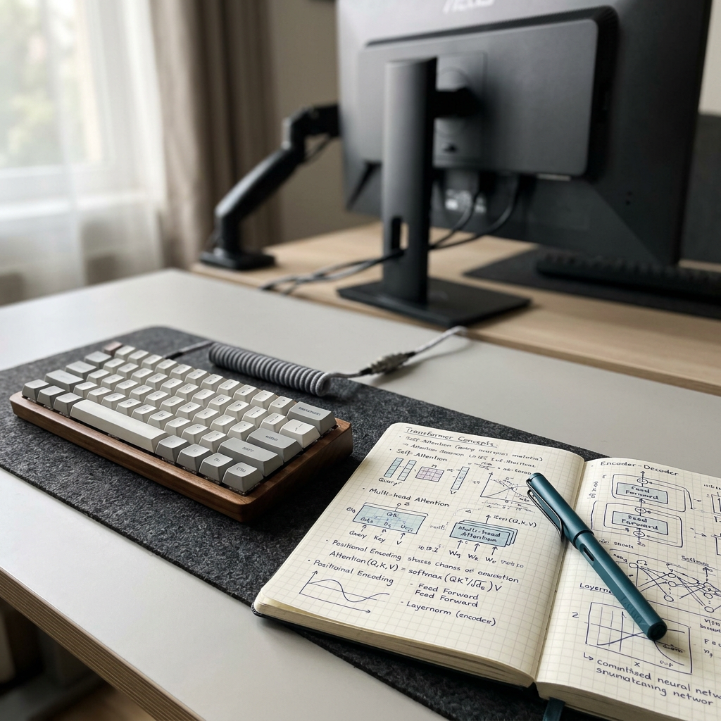 Technical workspace with notes on transformer architecture