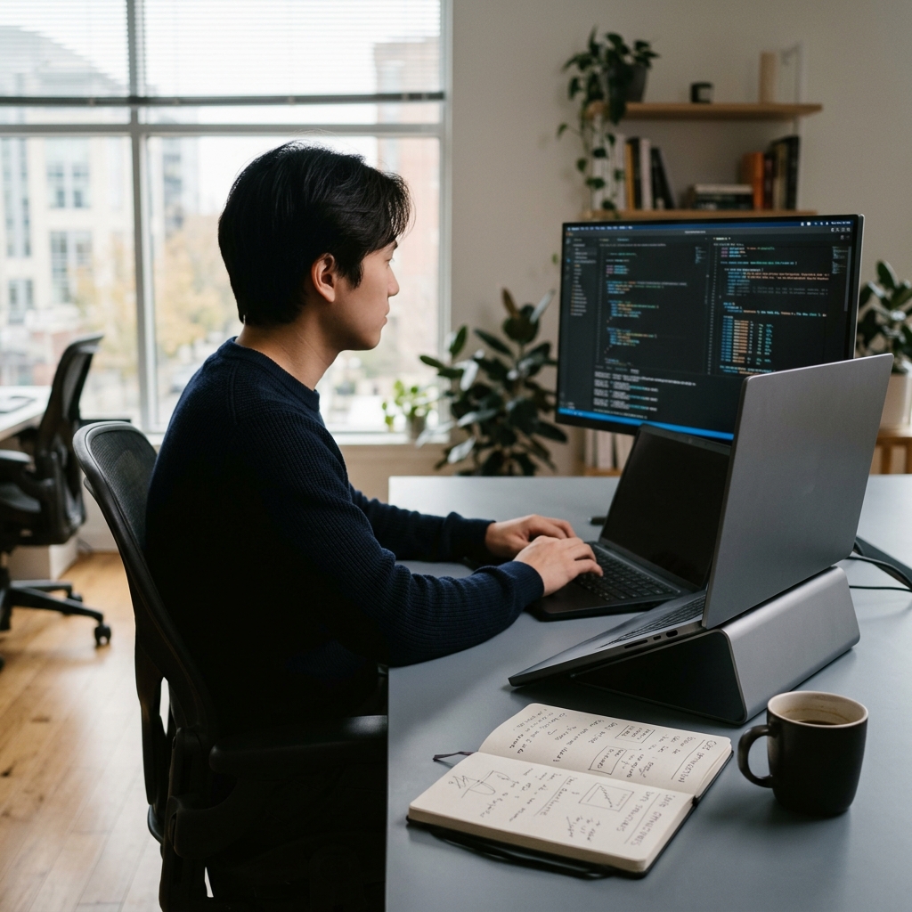Engineer focused on laptop analysis work
