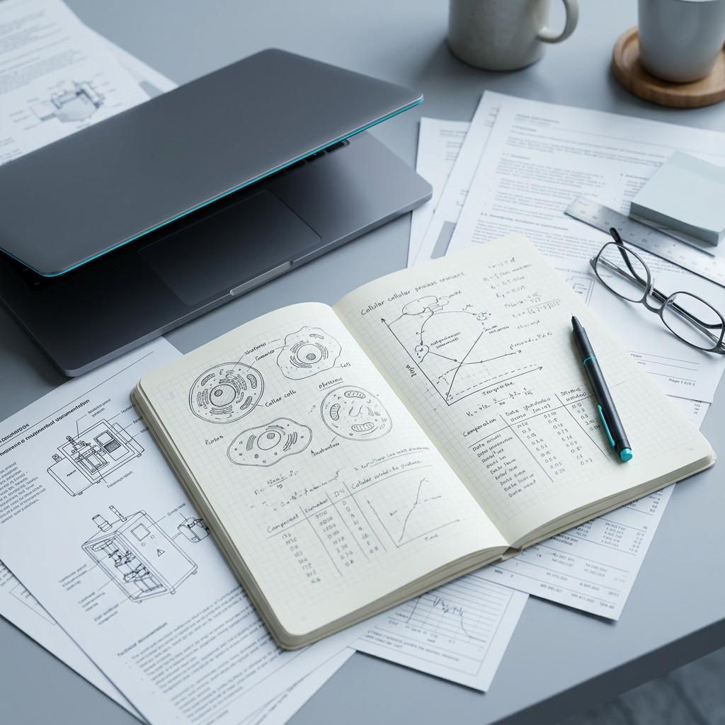 Analytical workspace with notes and technical materials