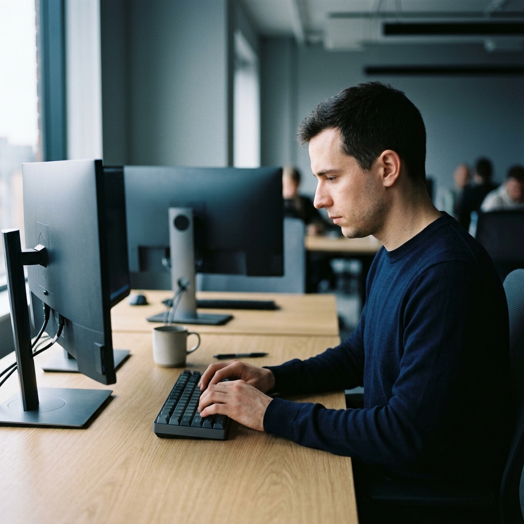 Engineer focused on code at minimalist workspace