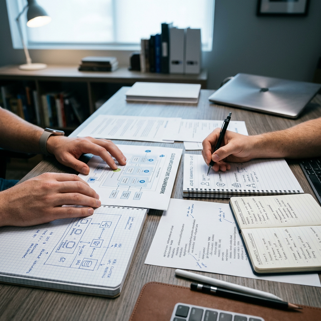 Hands working through cloud architecture documentation