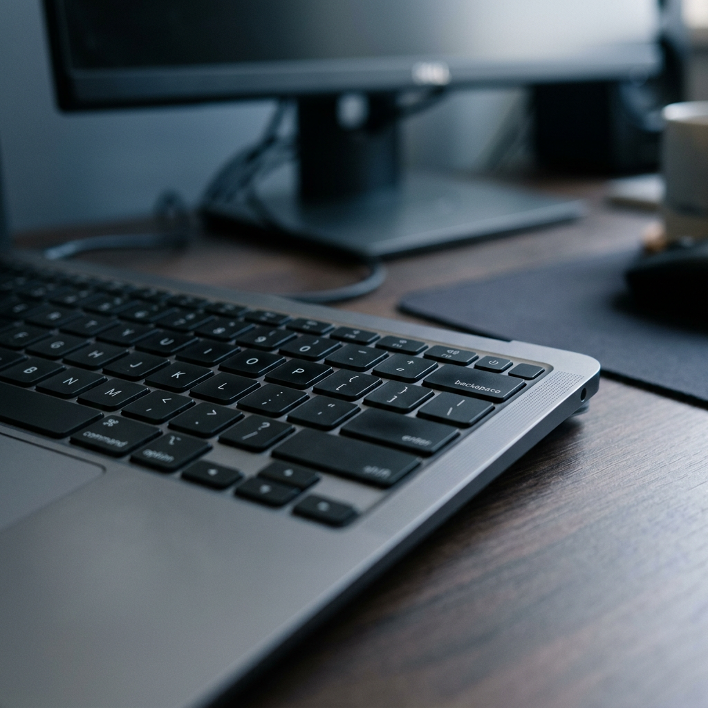Laptop keyboard detail in minimalist workspace