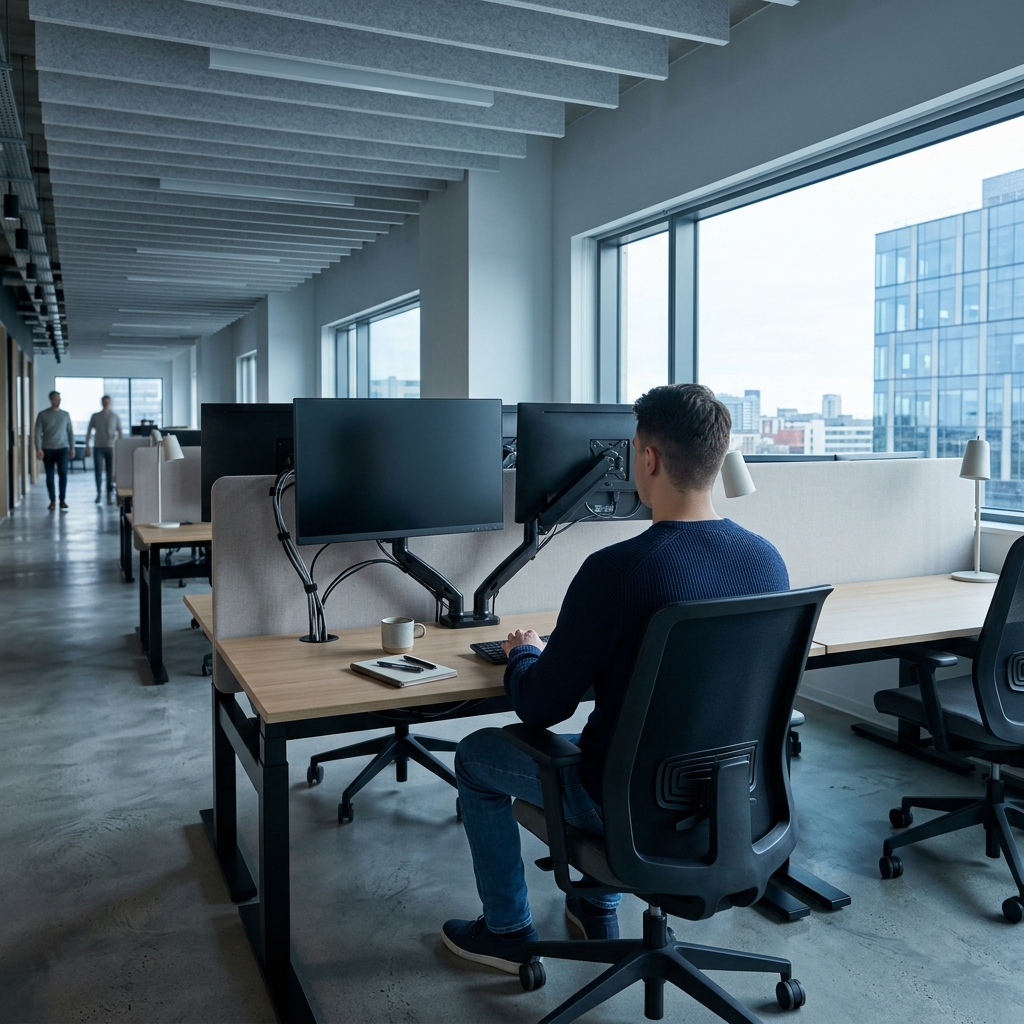 Professional at desk with monitors displaying hidden content