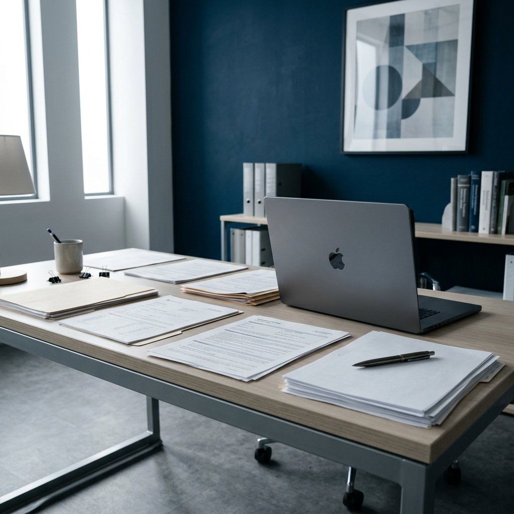 Minimalist desk with compliance documents and closed laptop
