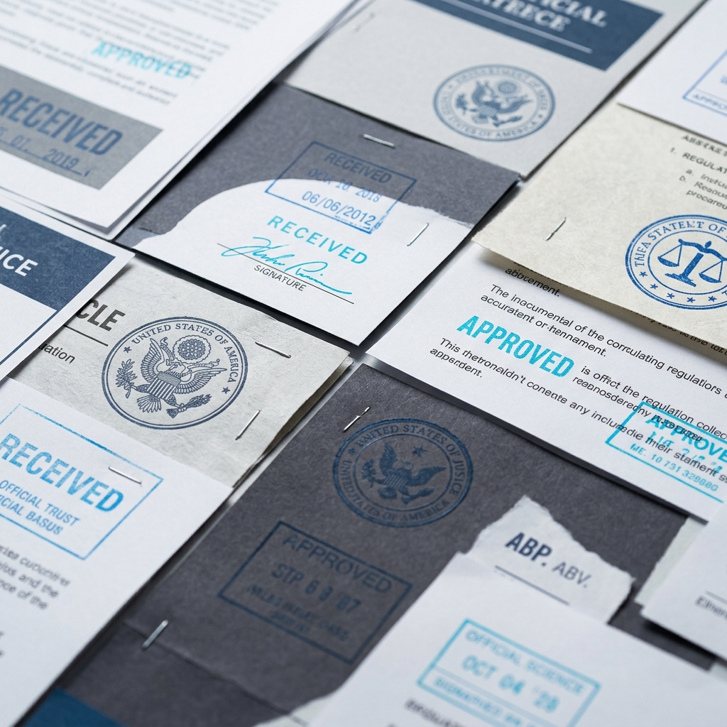 Regulatory agency documents arranged in overhead grid