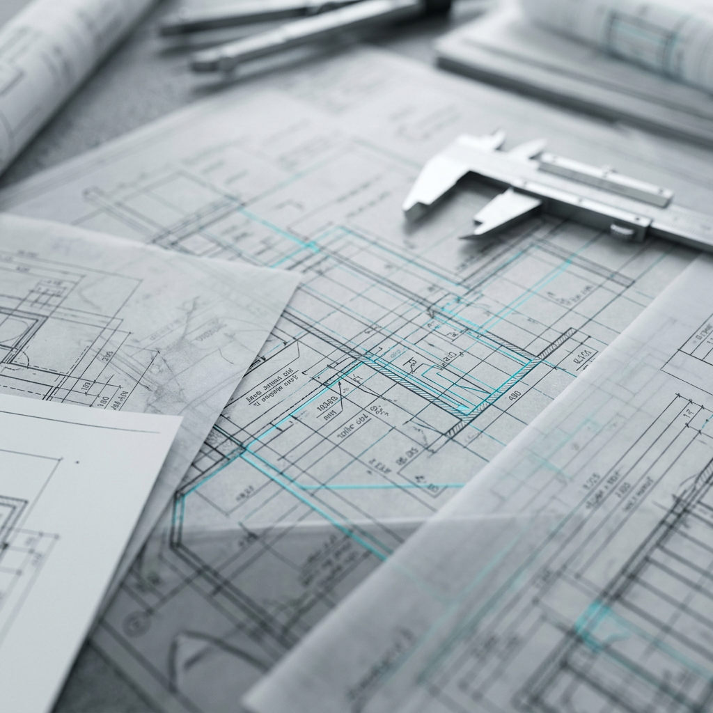Layered technical blueprints with architectural details