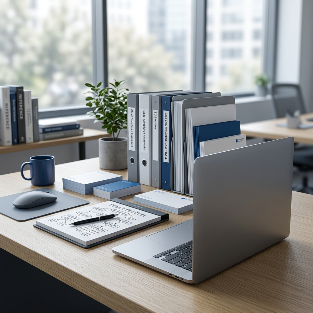 Workspace with laptop and regulatory compliance materials
