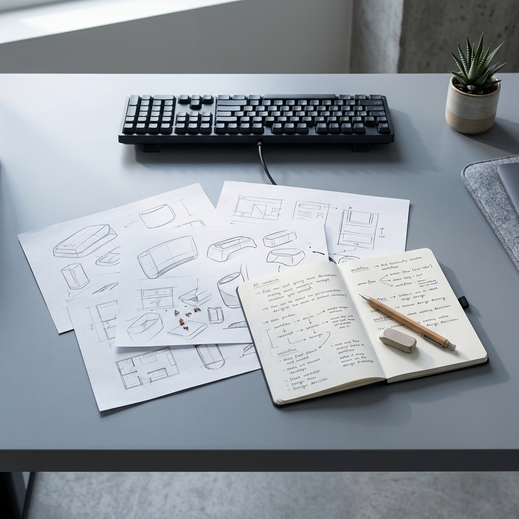Designer workspace with sketches and workflow notes