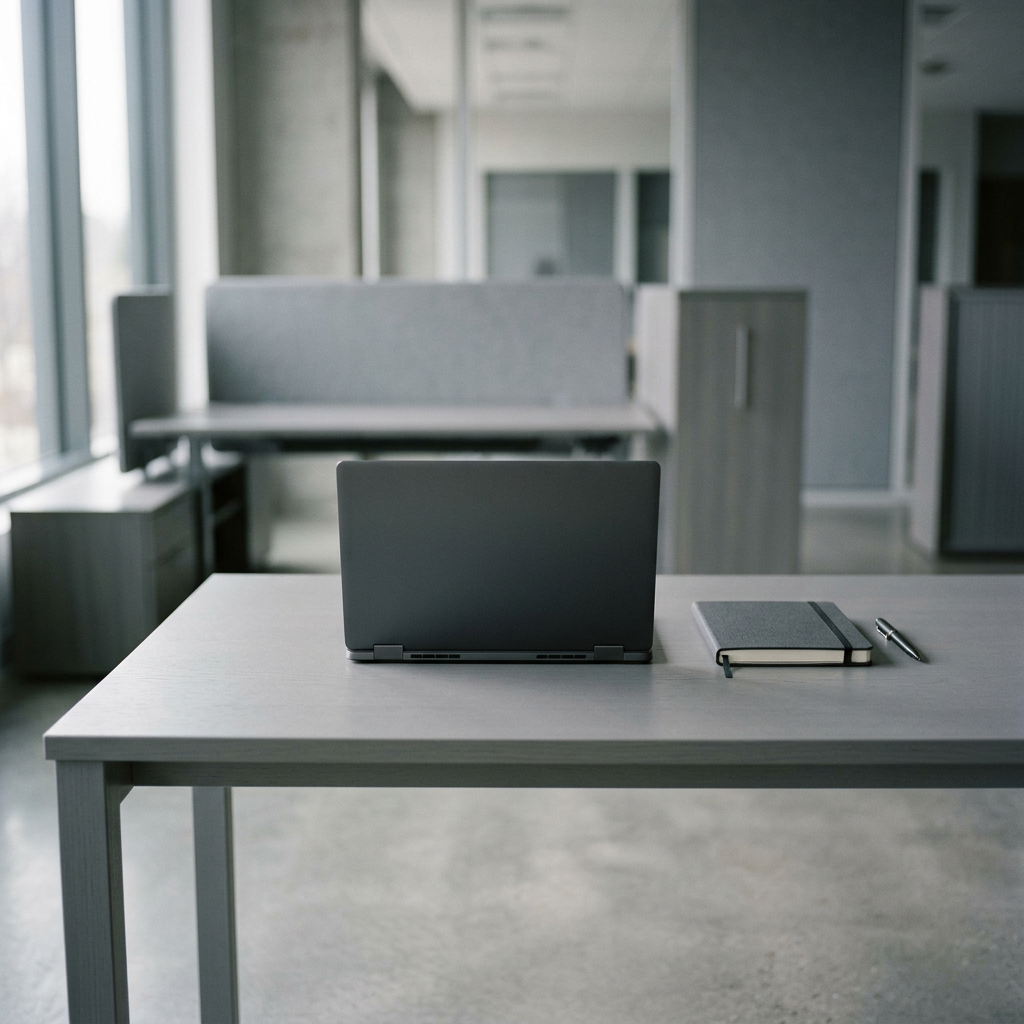 Clean desk workspace with hidden-screen laptop and notebook