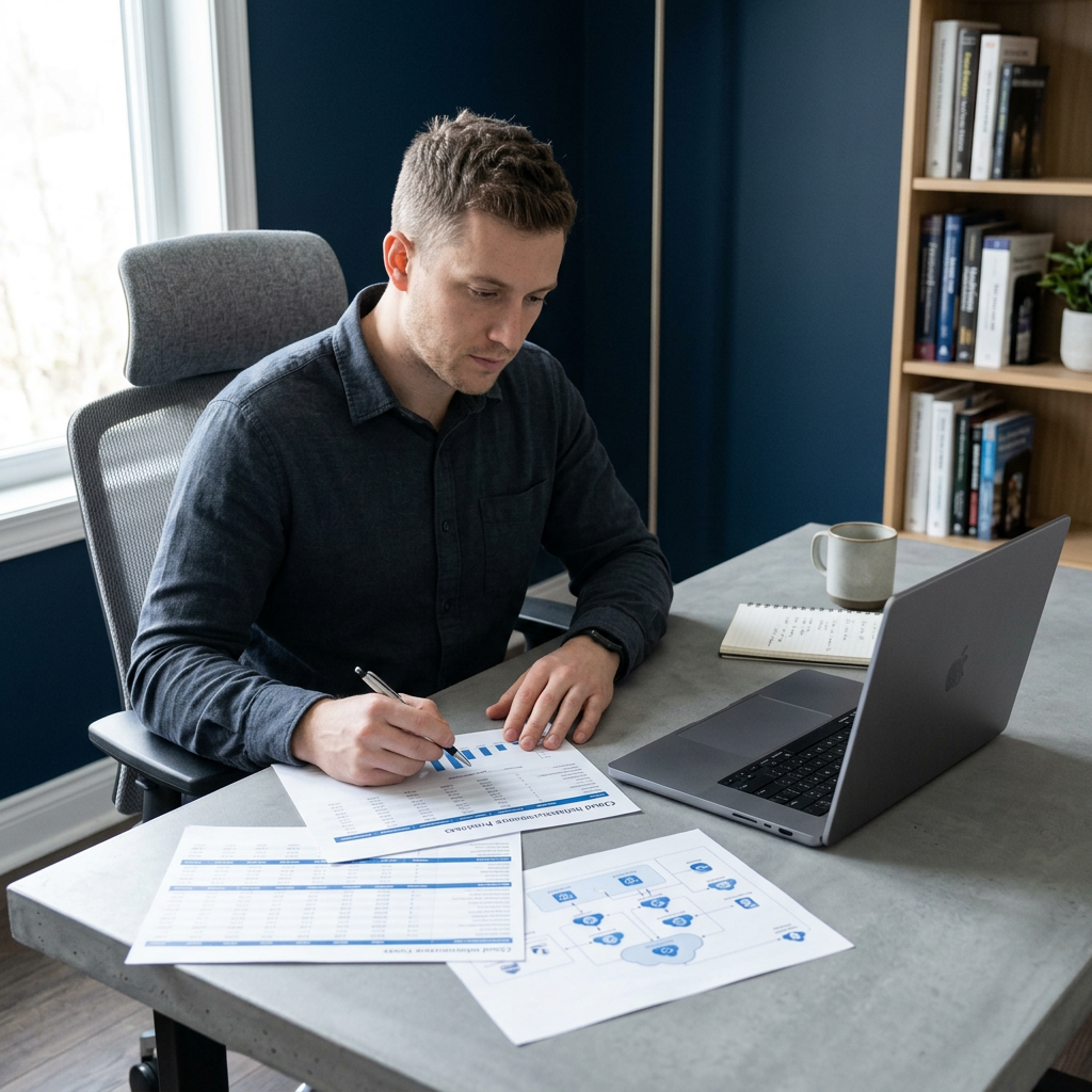 Engineer reviewing infrastructure cost analysis documents
