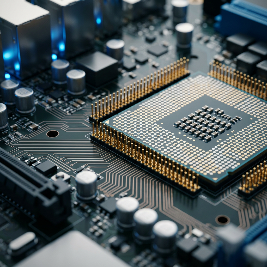 Close-up of circuit board and processor components
