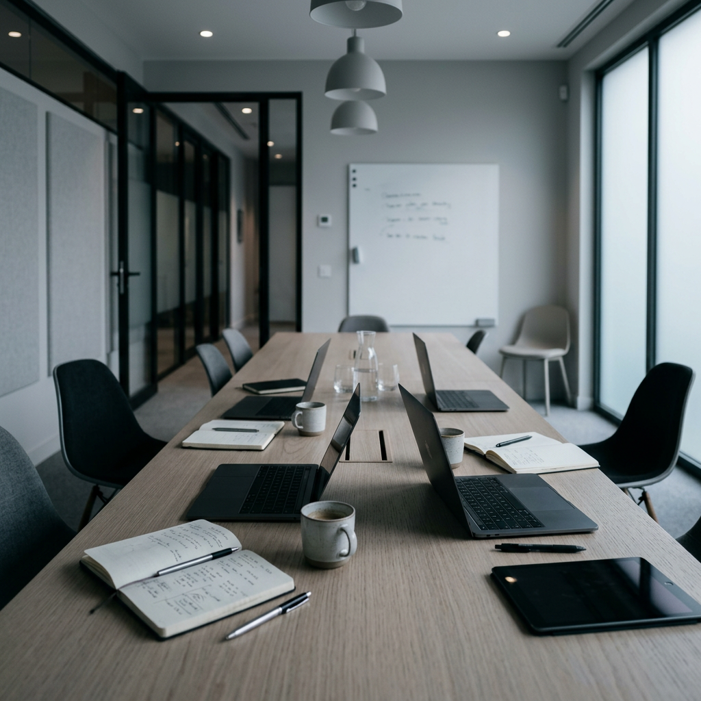 Collaborative workspace with laptops and notepads