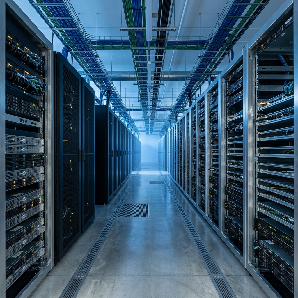 Data center corridor with ordered technical infrastructure