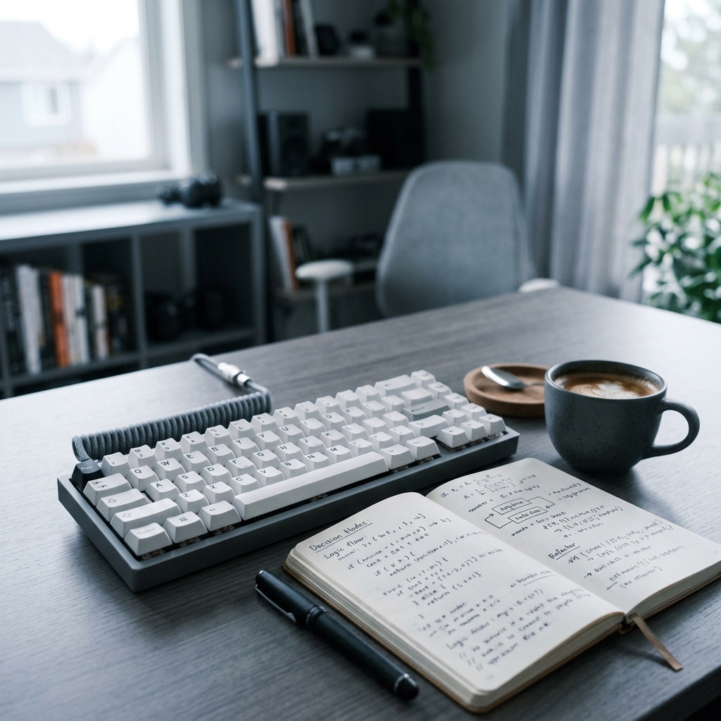 Developer workspace with analytical notes and keyboard