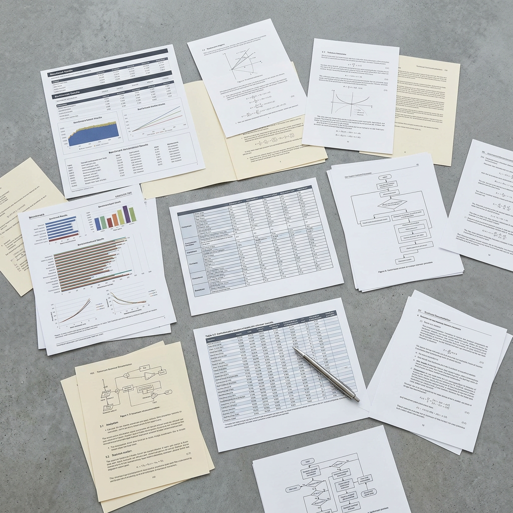 Technical documentation and benchmark materials arranged for review
