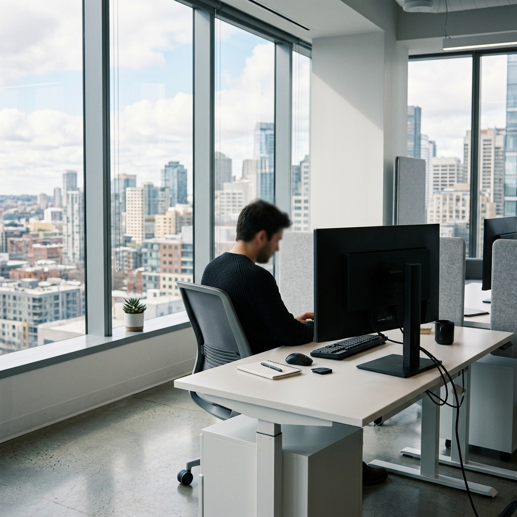 Developer workspace with side-view monitor and natural light