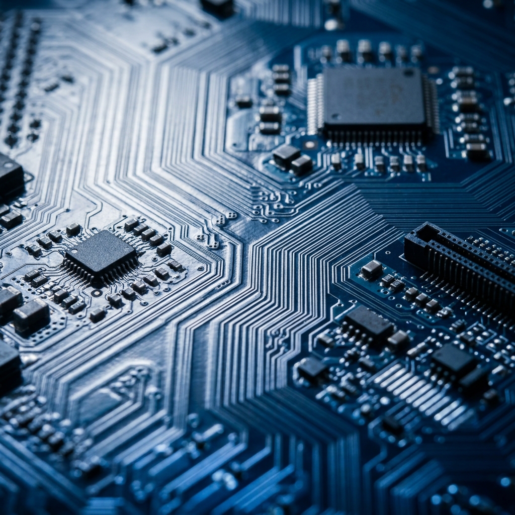 Close detail of circuit board traces and component architecture