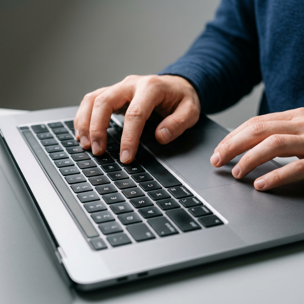 Engineer's hands positioned at laptop keyboard in contemplation