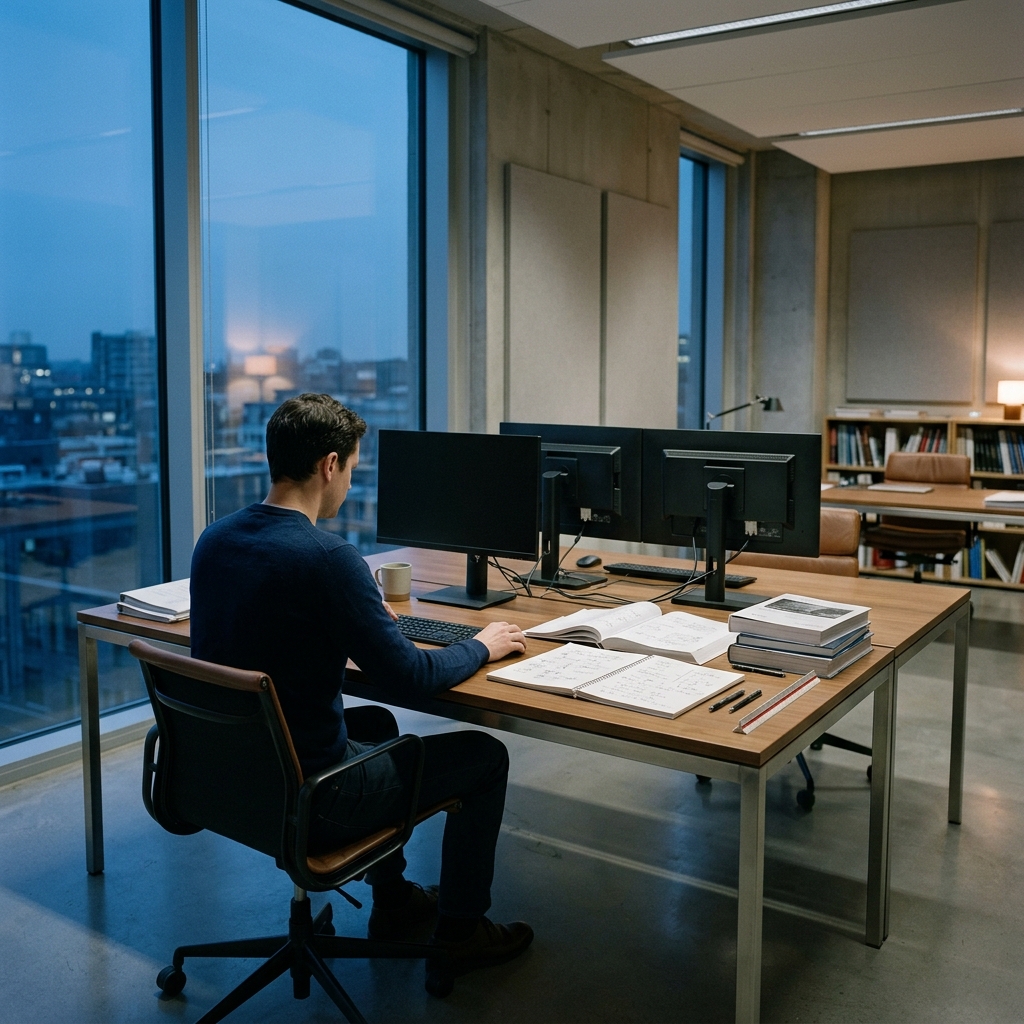 Focused researcher workspace with analytical tools and documentation