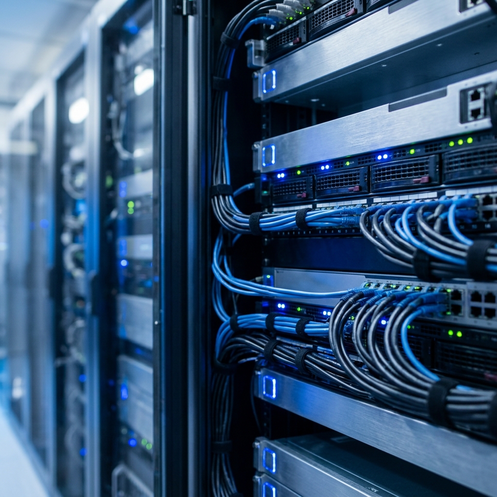 Close-up of modern server infrastructure hardware
