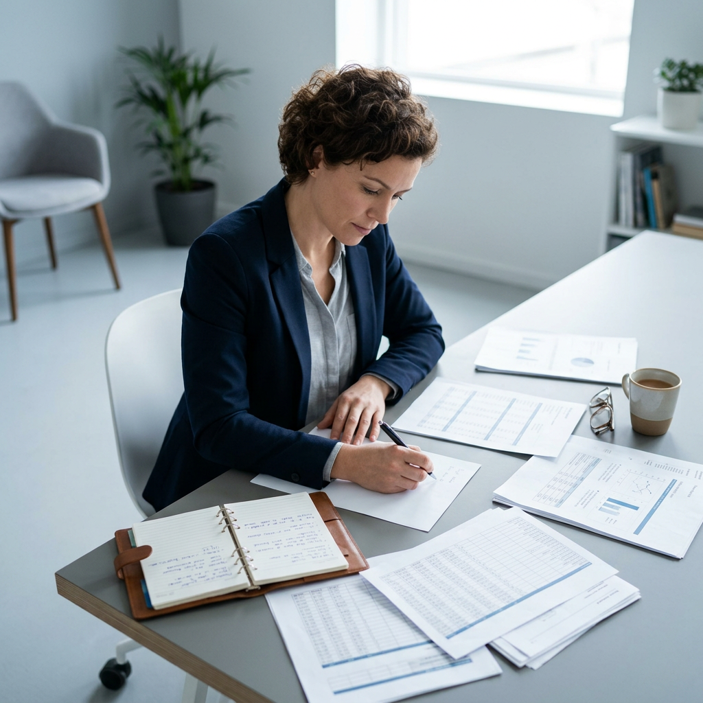 Founder reviewing due diligence materials at desk