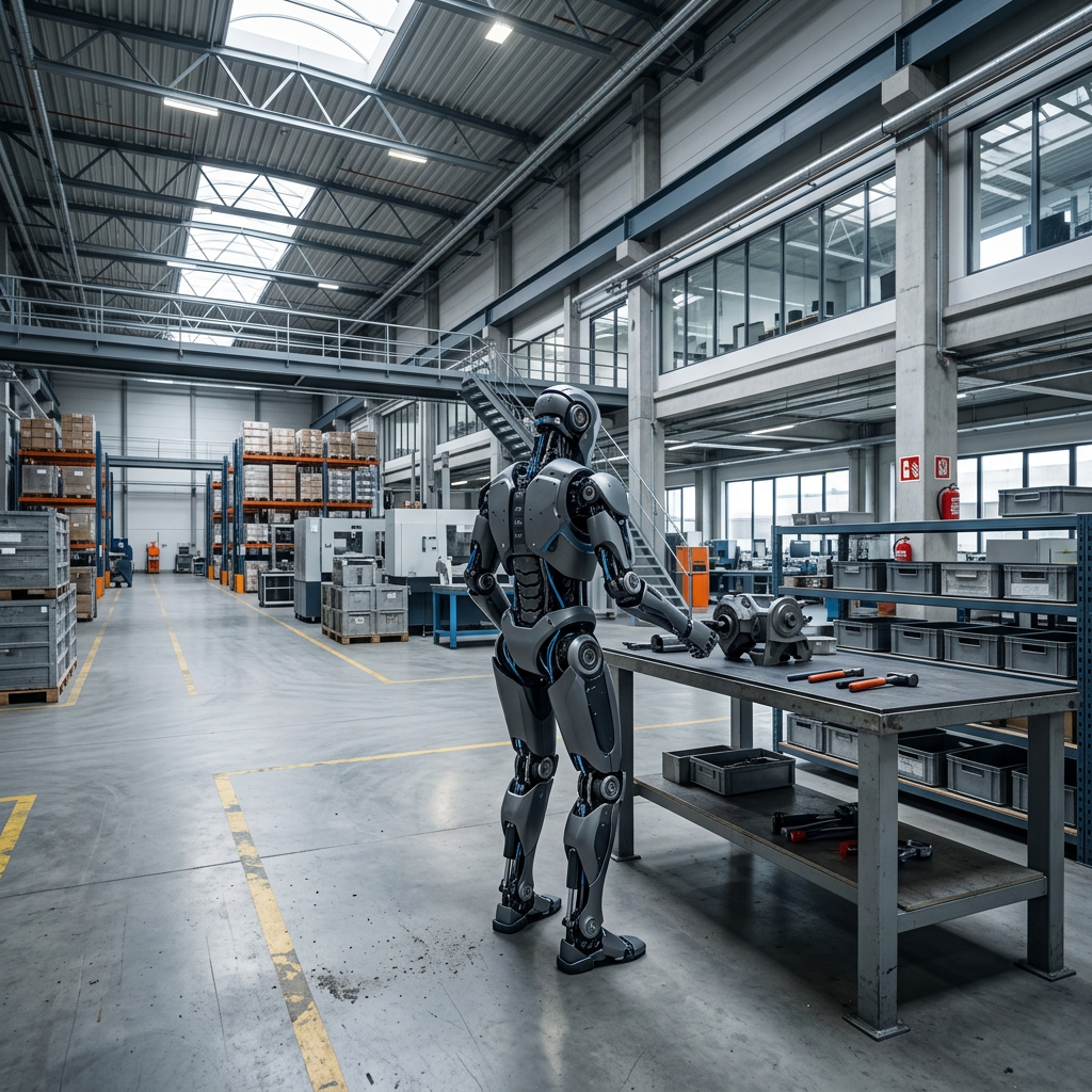 Humanoid robot deployed in industrial warehouse setting