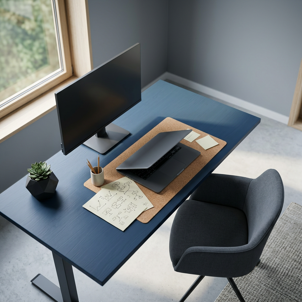Minimalist tech workspace with rear-facing laptop and notes