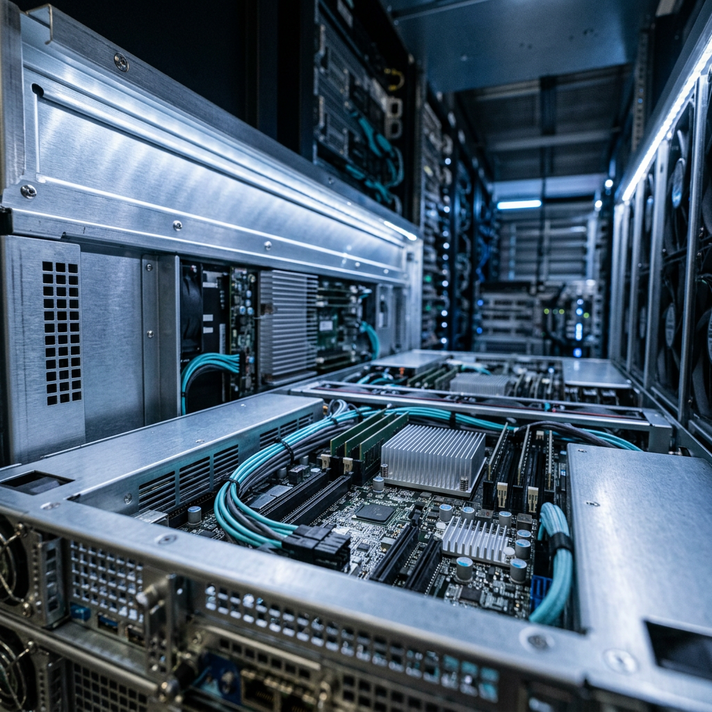 Server hardware interior with circuit components and cooling systems
