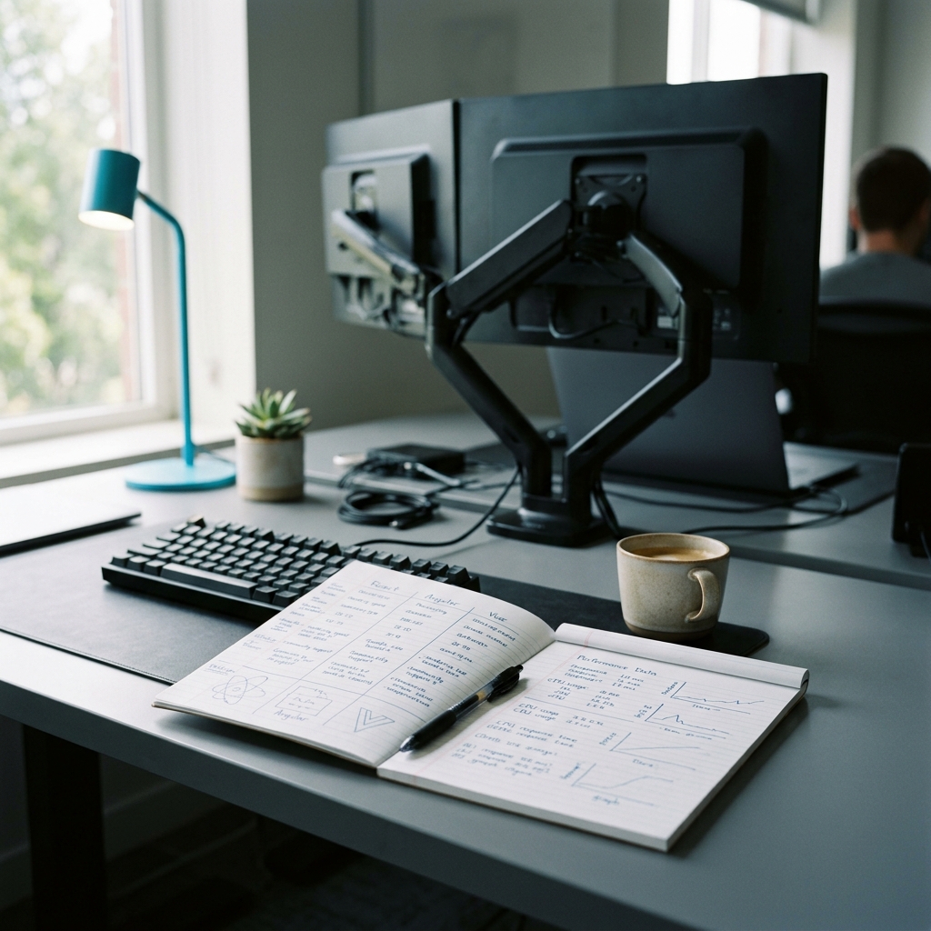Engineer analyzing framework comparisons at workspace