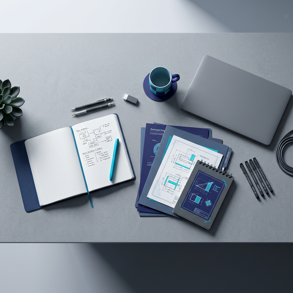 Analytical workspace with technical notes and documentation