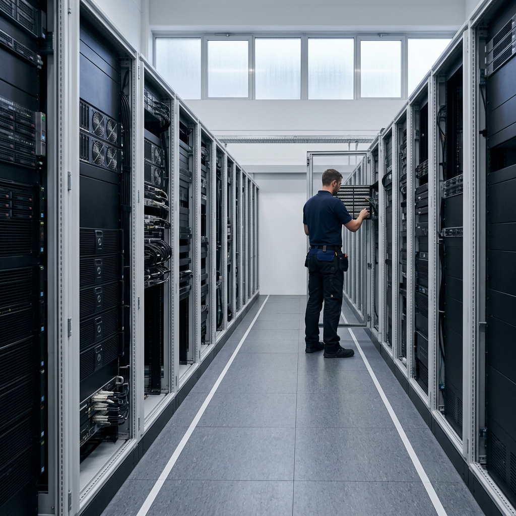 Engineer reviewing infrastructure in modern data center
