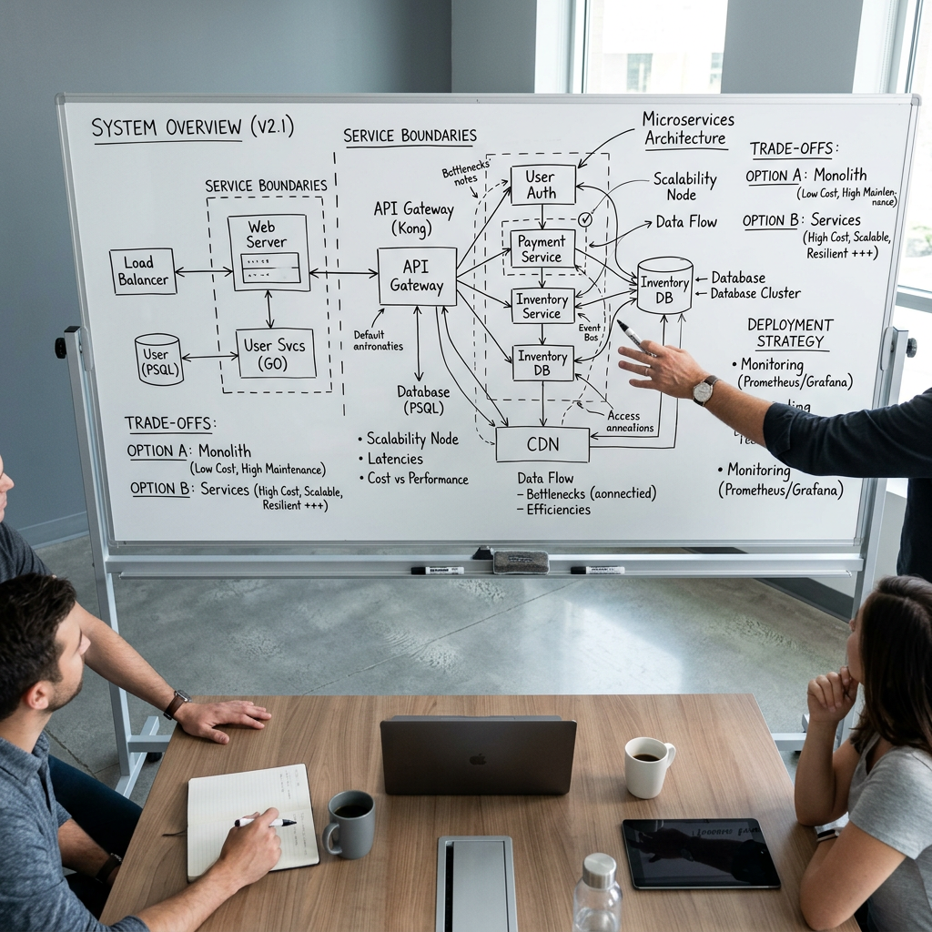 Architecture planning session with system design sketches