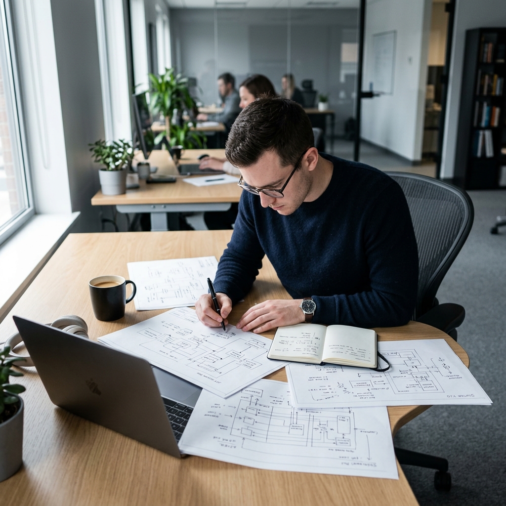 Engineer studying microservices architecture diagrams