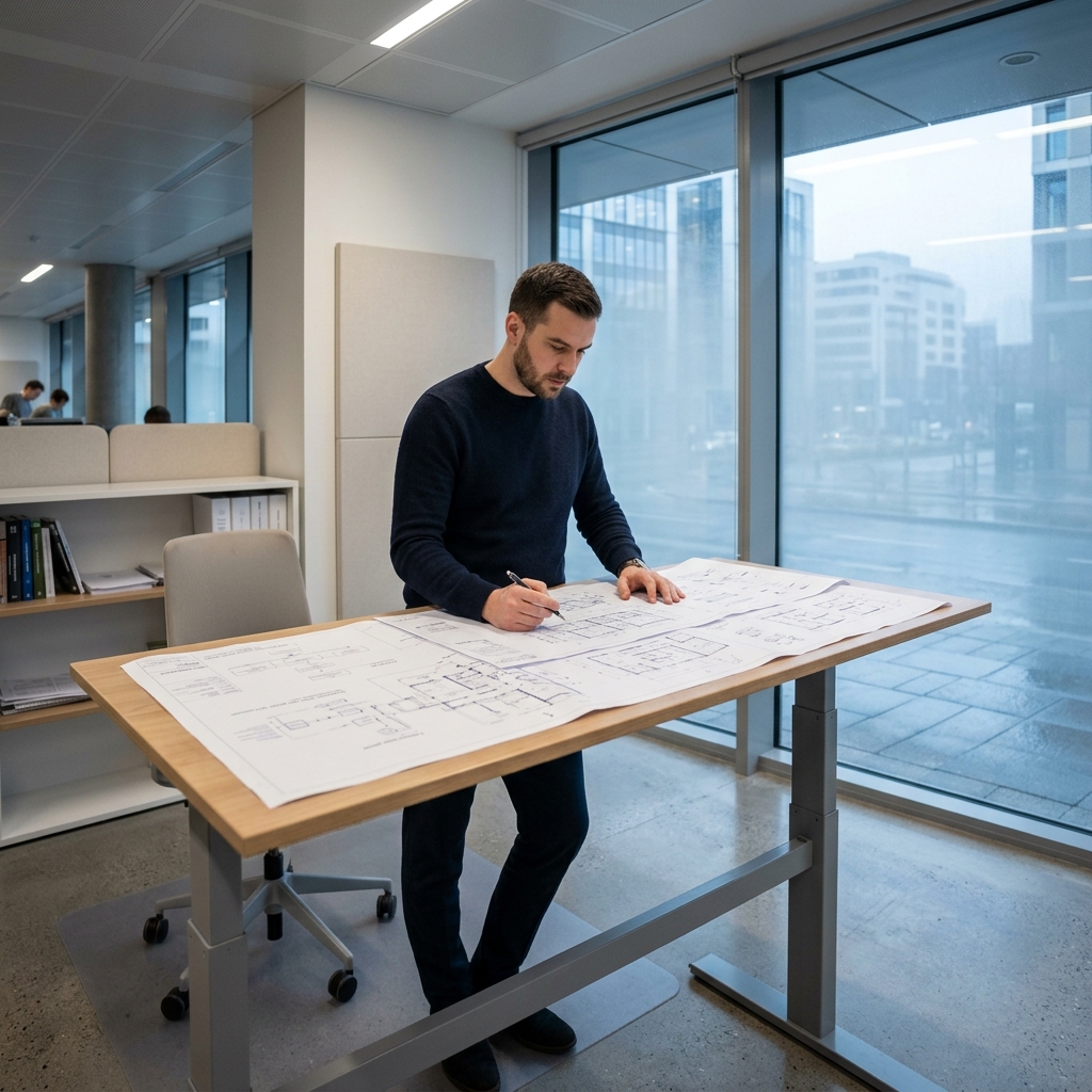 Engineer reviewing architectural blueprints at desk