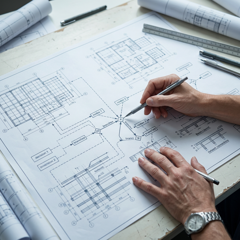 Engineer reviewing technical architecture diagrams