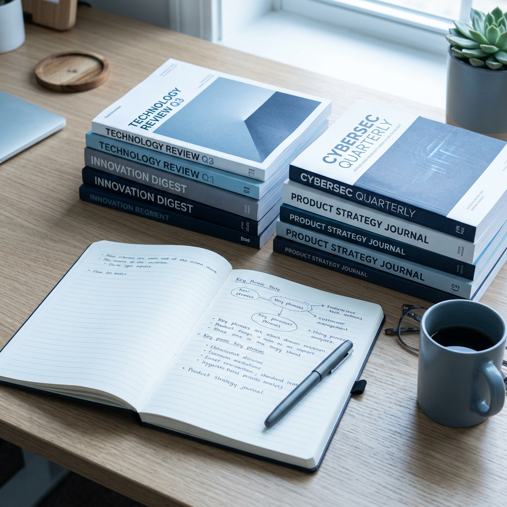 Organized tech reading materials arranged on workspace