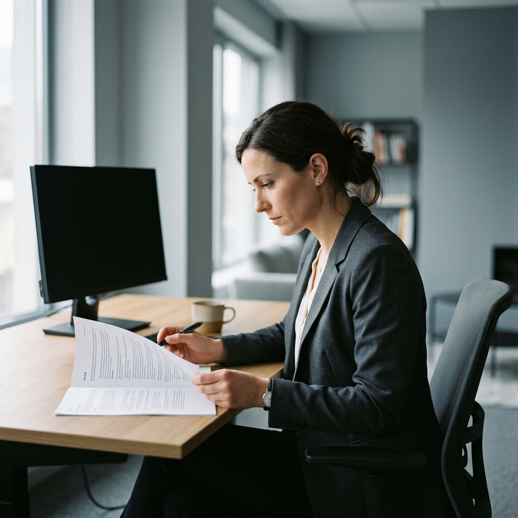 Professional reviewing curated briefing document at desk