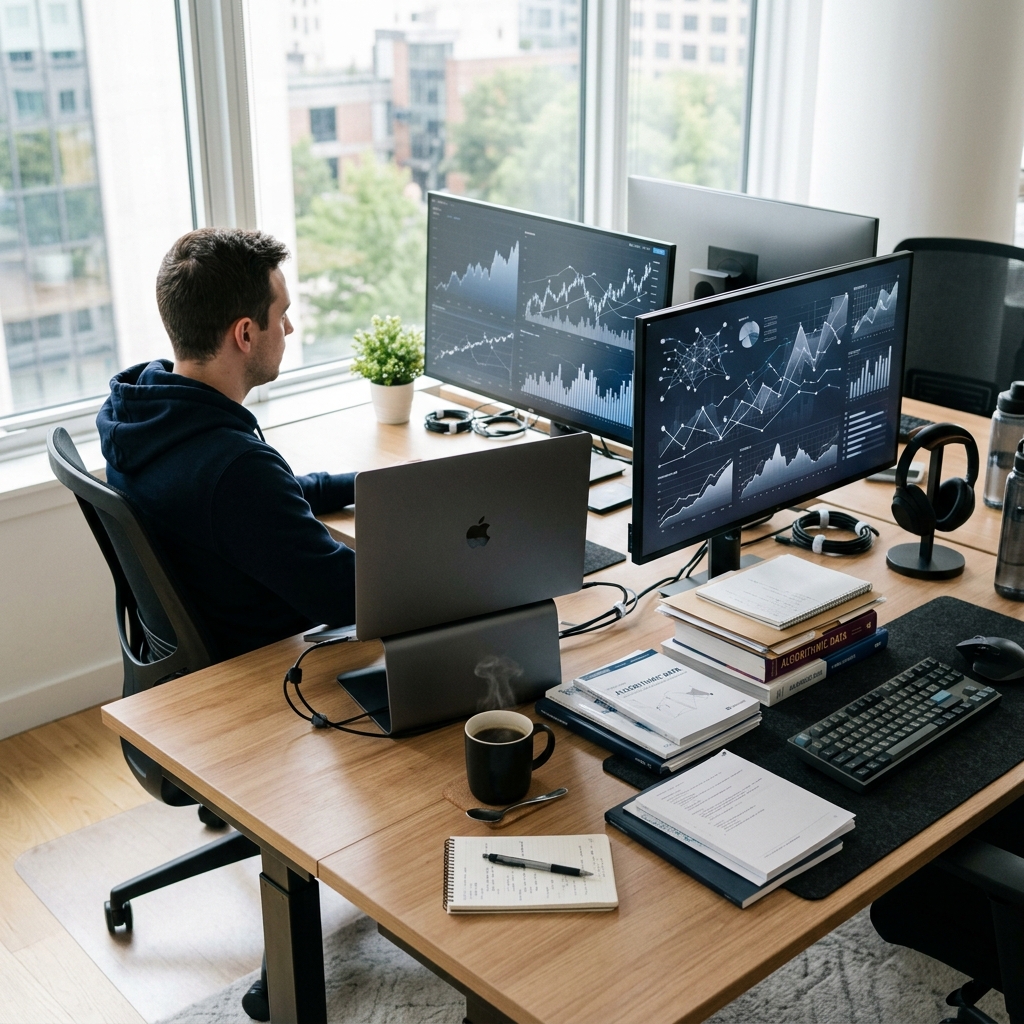 Engineer workspace with financial data analysis setup