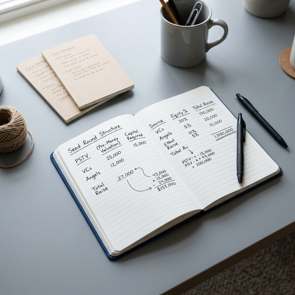 Founder's notebook with seed funding calculations and equity notes